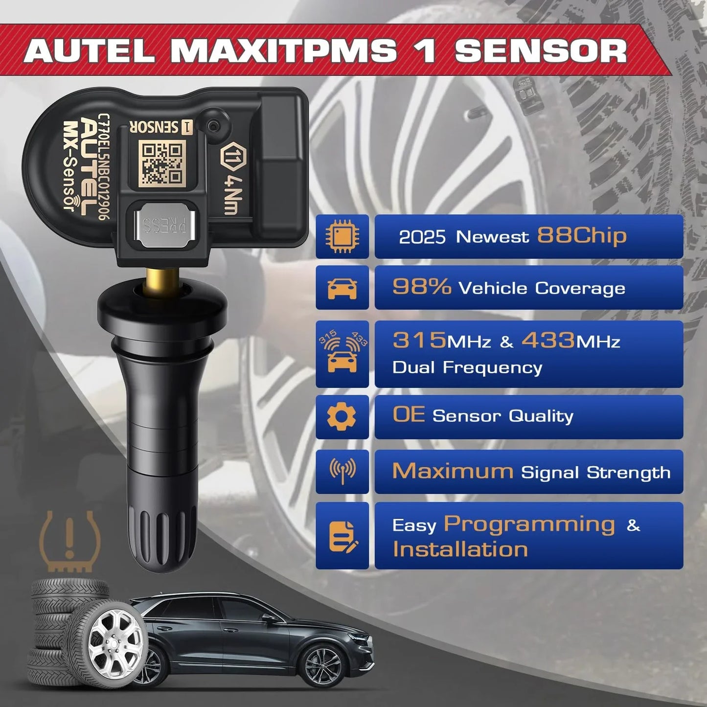 AUTEL UNIVERSAL 2 IN 1 TPMS SENSOR 315/433MHZ WITH RUBBER VALVE - Axon Distribution